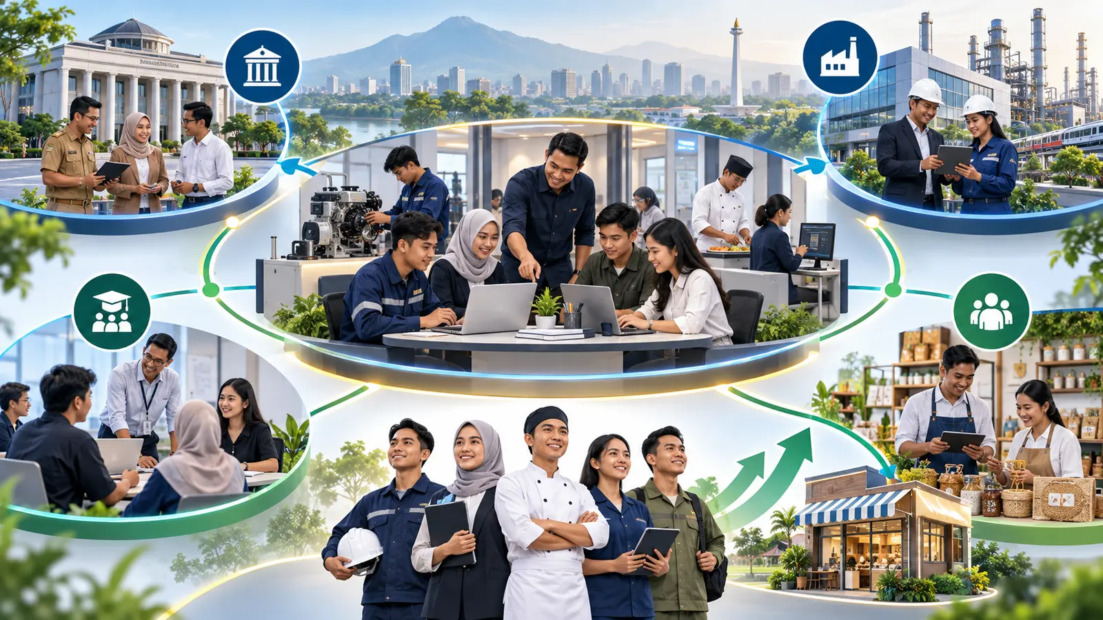 Ilustrasi GCI menghubungkan pemerintah, dunia usaha dan industri, instruktur, lembaga pendidikan, masyarakat, serta UMKM dalam ekosistem pelatihan